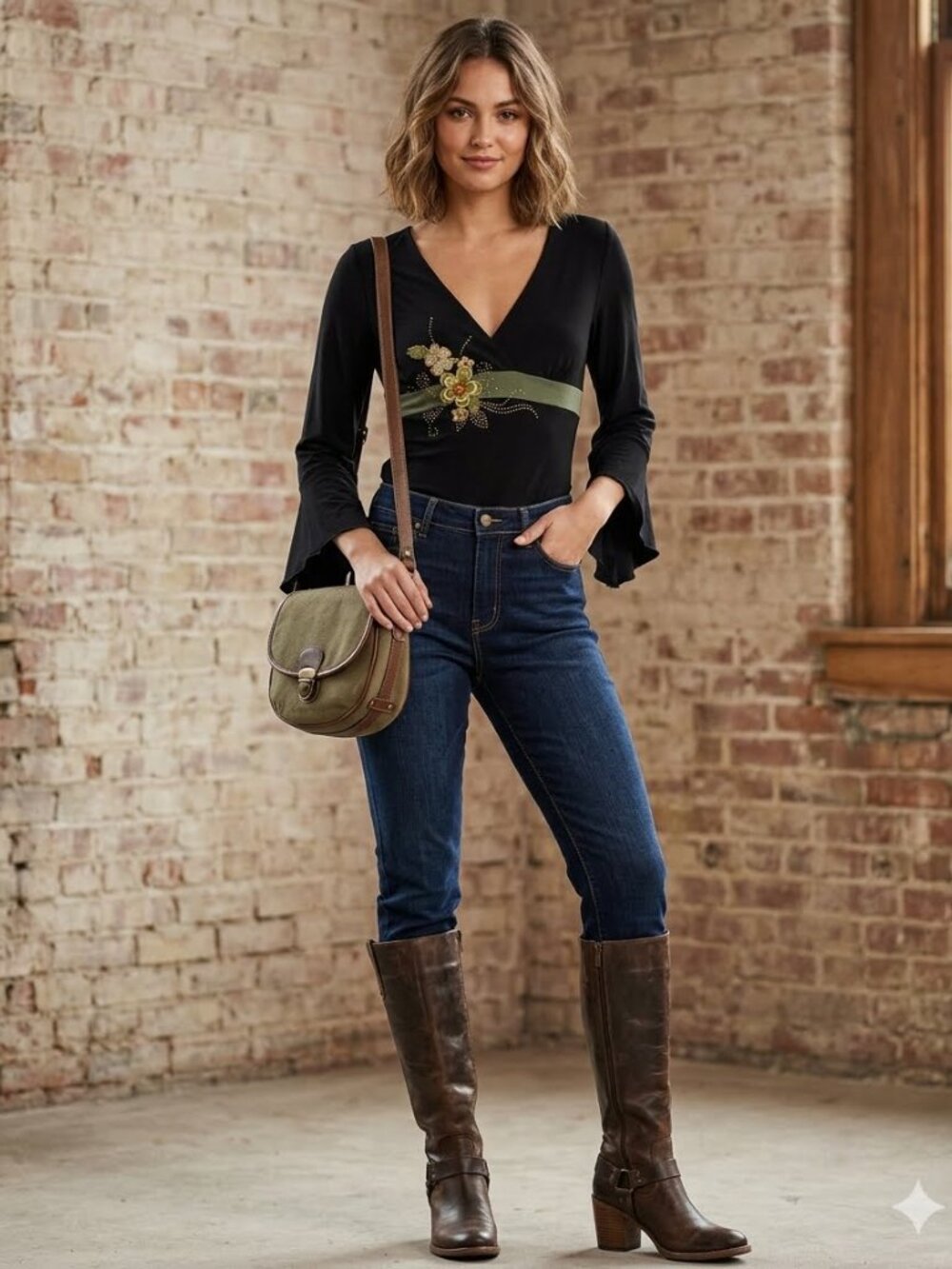 Top Chocolate Brown Embellished with bell sleeves